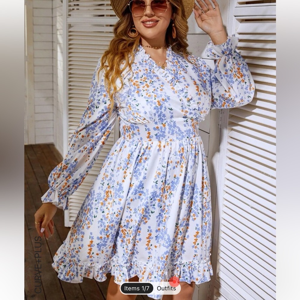 Plus Ditsy Floral Flounce Sleeve Ruffle Hem Dress